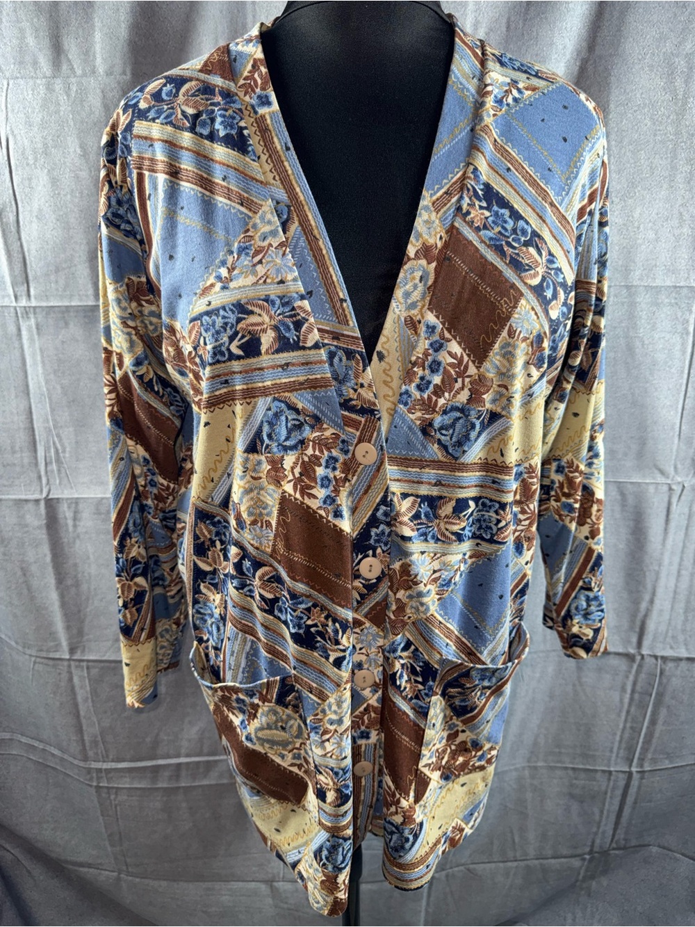 2706-Fashion Formula Blue and Brown Patchwork Button Cardigan Jacket